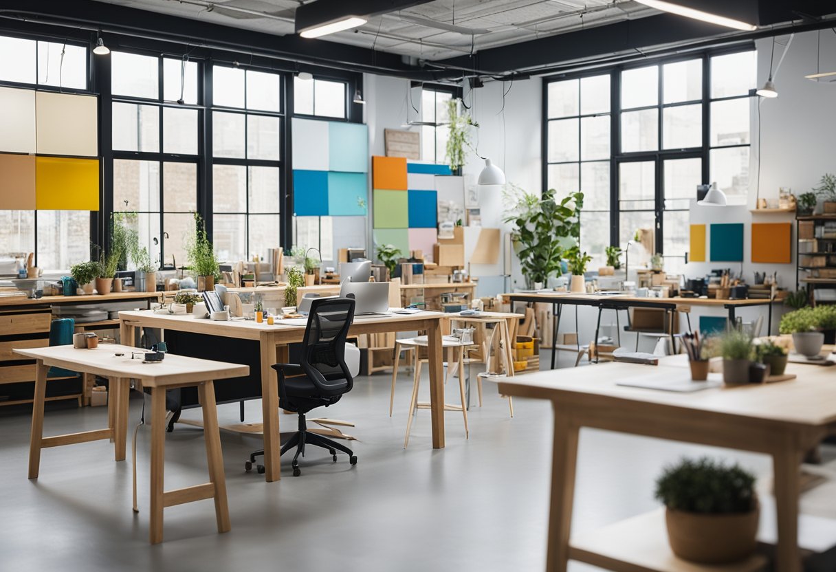 The workshop space is bright and airy, with plenty of natural light streaming in through large windows. The walls are adorned with colorful mood boards and design sketches, while sleek work tables are scattered throughout the room, each equipped with a range of design tools and
