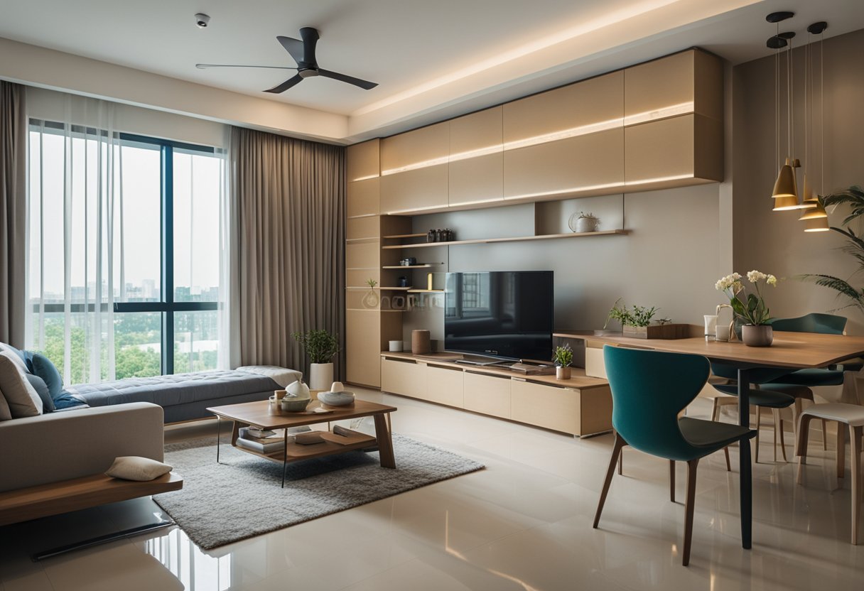 The Punggol HDB interior features modern furniture, bright colors, and natural light pouring in from large windows