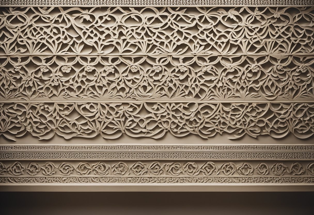 The stucco wall is adorned with intricate designs, featuring geometric patterns and floral motifs. The texture is rough yet visually captivating, creating depth and dimension within the interior space