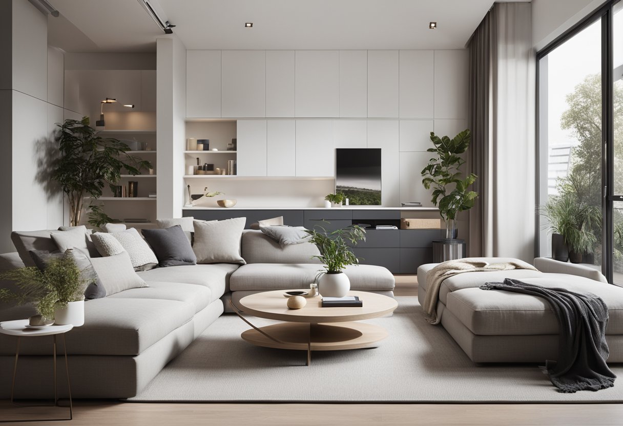 A modern living room with sleek, multi-functional furniture and clever storage solutions. Bright, natural lighting and clean lines create a minimalist yet functional space
