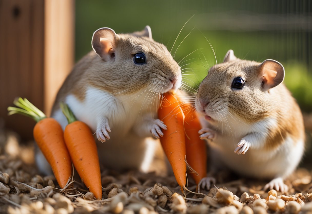 A group of gerbils eagerly nibble on fresh carrots in their cozy cage
