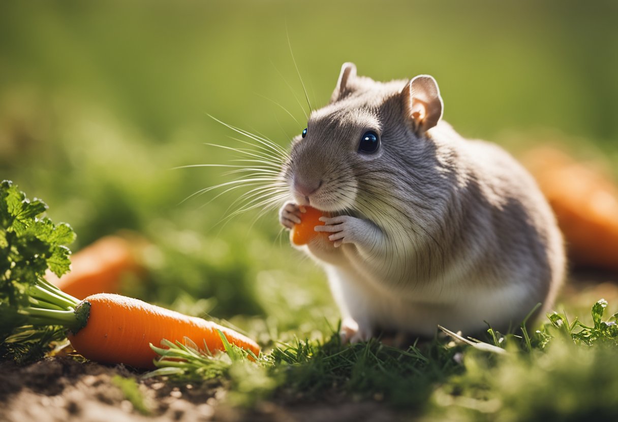 Gerbils munching on carrots, showing healthy teeth and shiny fur