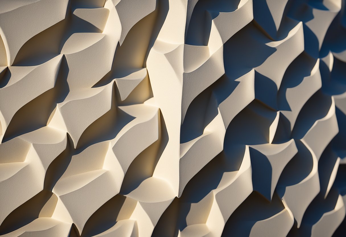 A stucco wall with intricate patterns and textures, casting shadows in soft, ambient light