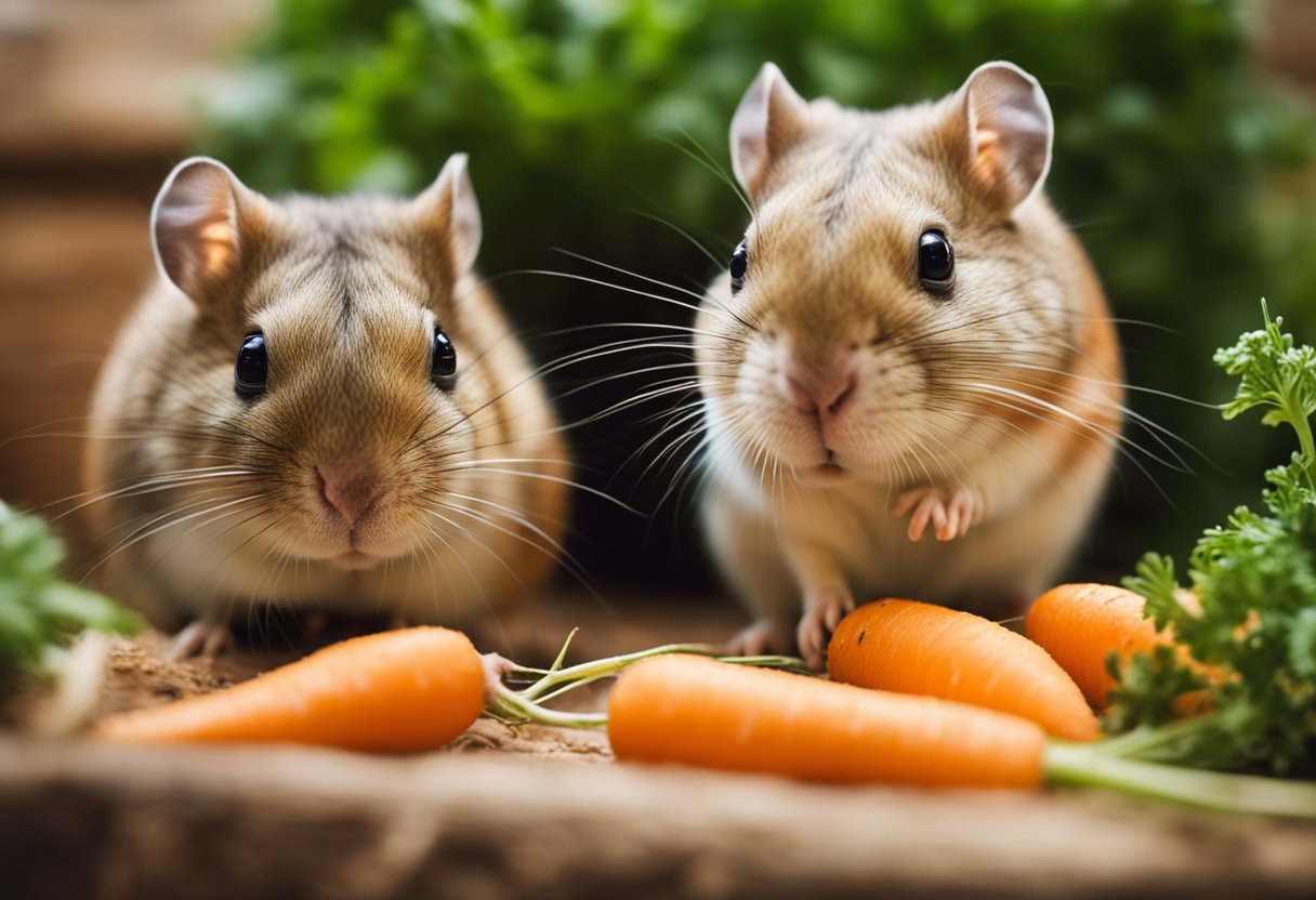 Gerbils eagerly nibble on fresh carrots in their cage