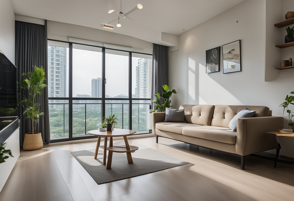 A modern Punggol HDB flat with sleek furniture, minimalist decor, and natural light streaming in through large windows