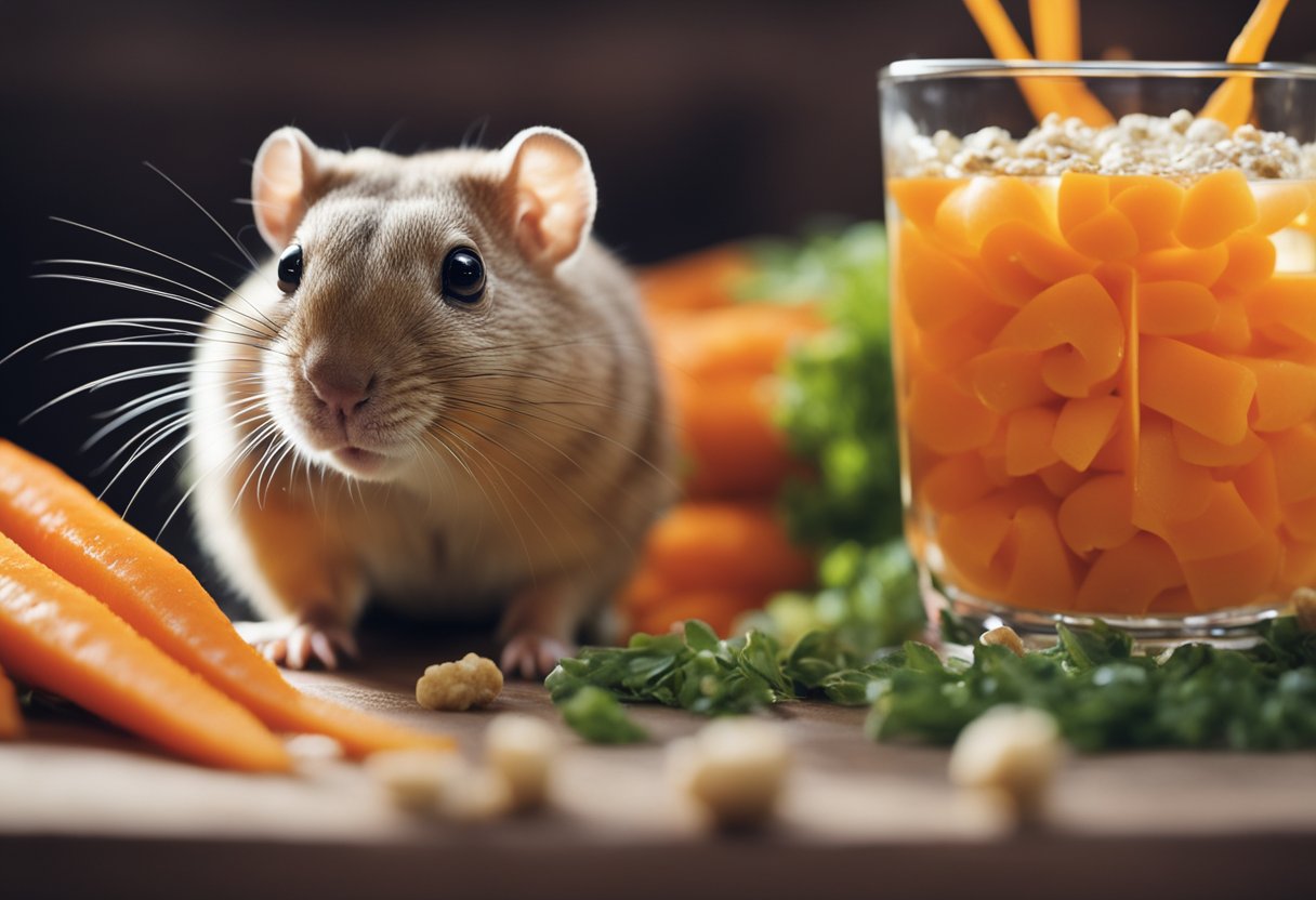 A gerbil nibbles on a carrot, surrounded by scattered food and a water bottle