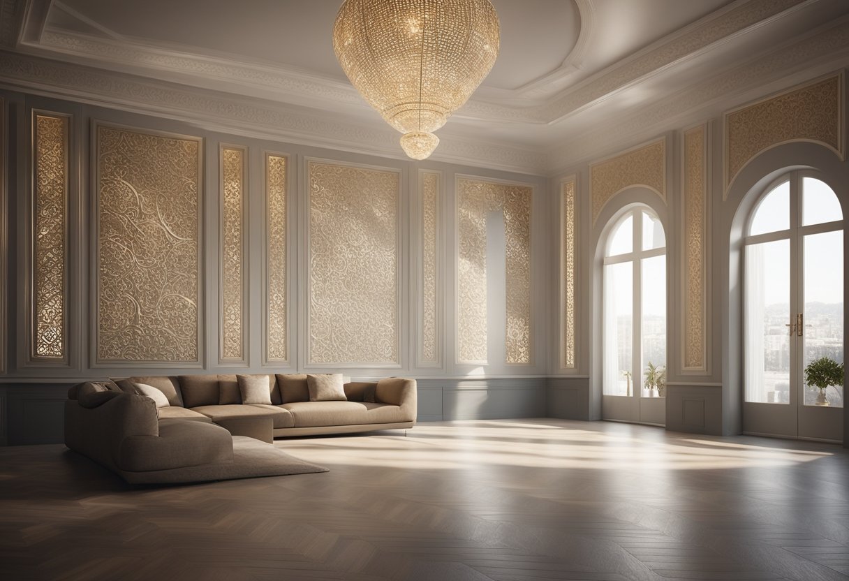 A spacious living room with textured stucco walls, adorned with intricate designs and patterns. Light filters in through large windows, casting shadows on the rough surface