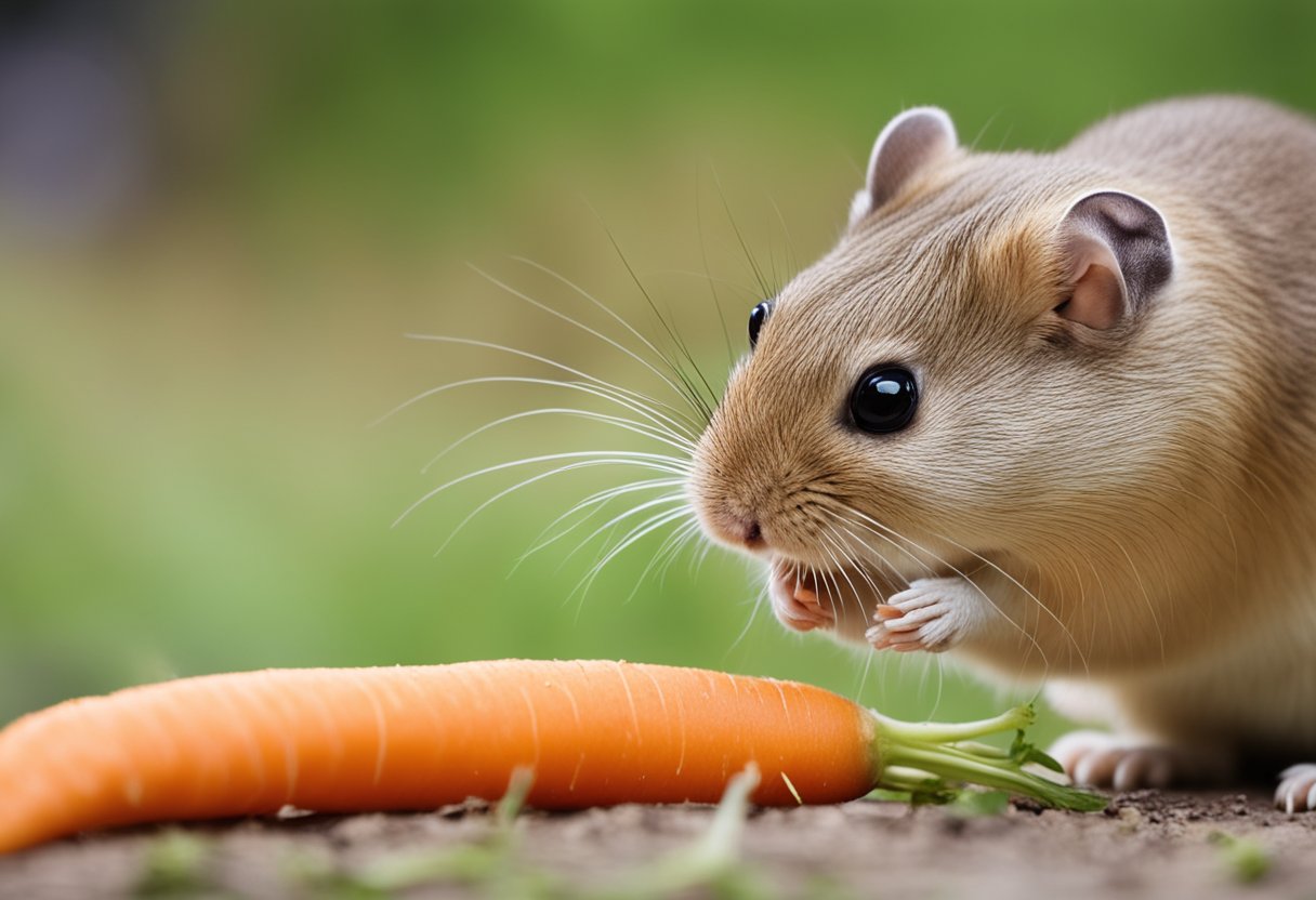 A gerbil eagerly nibbles on a fresh carrot, its tiny paws holding the vegetable steady as it munches away