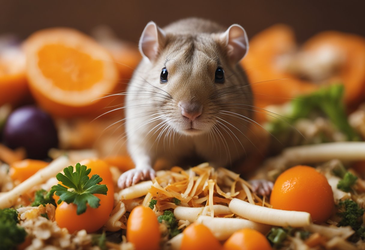 A curious gerbil nibbles on a bright orange carrot, surrounded by scattered vegetable scraps and a pile of question marks