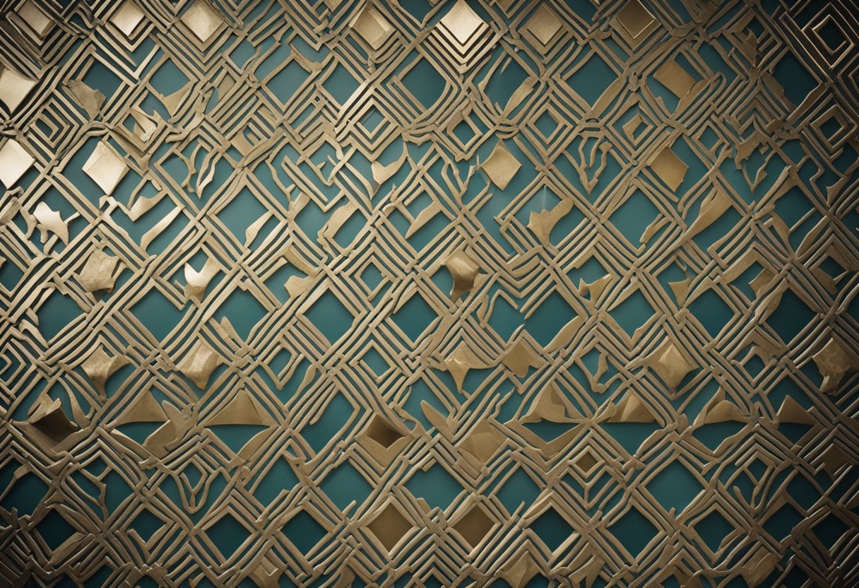 An interior stucco wall with various designs and patterns, including geometric shapes and intricate textures