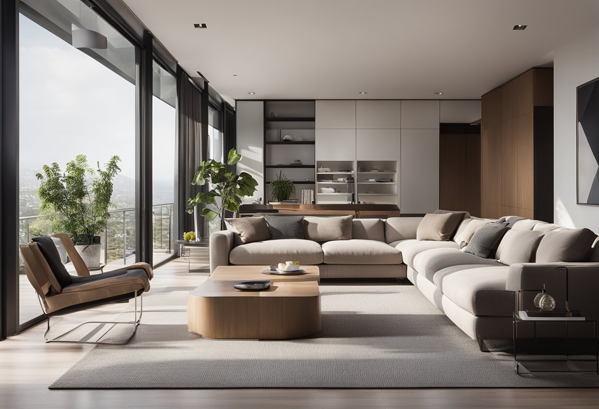 A modern living room with sleek furniture and a minimalist color palette. Natural light floods through large windows, illuminating the space