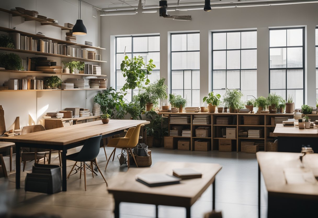 A workshop space with cozy seating, a large table for collaboration, and shelves filled with design books and materials. Bright natural light streams in through large windows, creating a welcoming and inspiring atmosphere