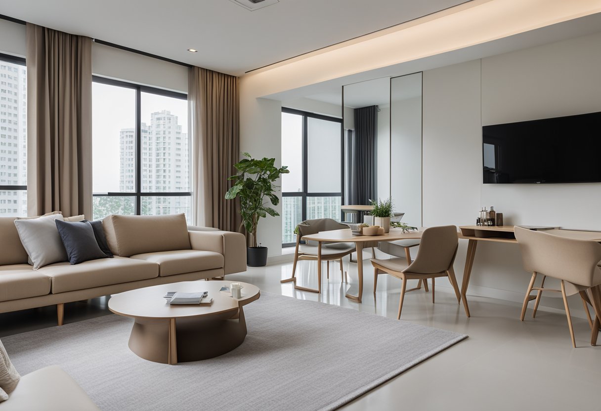 A modern, minimalist Punggol HDB interior with clean lines, neutral colors, and sleek furniture. Natural light floods the space, highlighting the functional yet stylish design