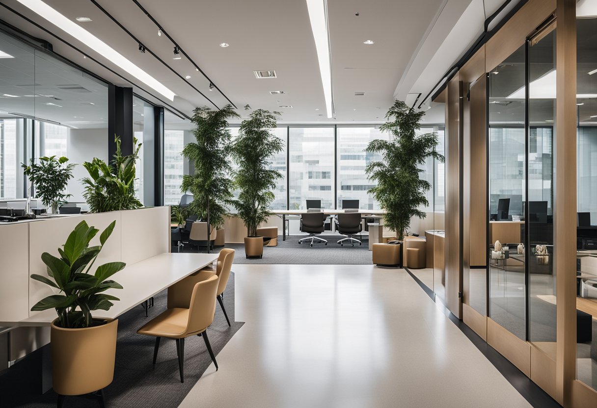 The corporate office has a modern design with sleek furniture, clean lines, and neutral colors. The space is well-lit with large windows, and there are potted plants and minimalistic decor throughout