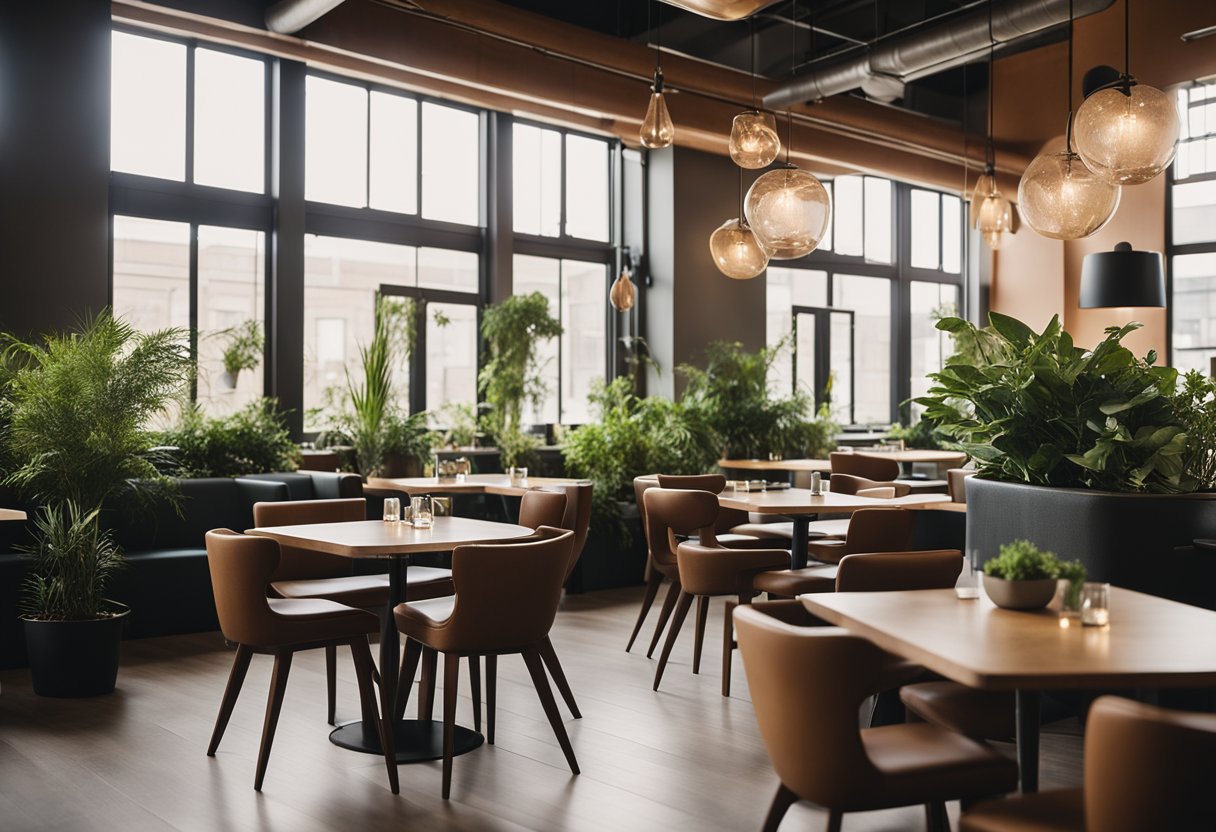 The restaurant interior features warm, earthy tones with modern, minimalist furniture. Large windows allow natural light to fill the space, while potted plants and hanging greenery add a touch of nature