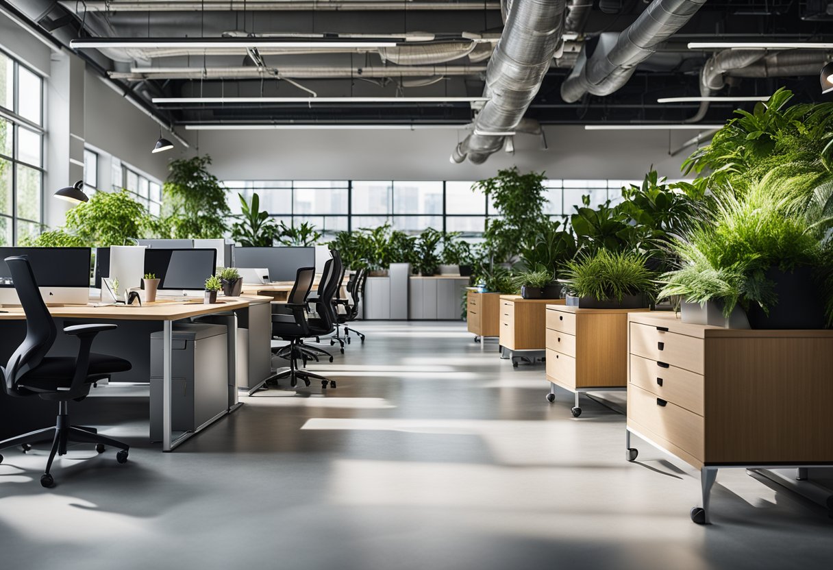 A modern, open-concept office space with natural light, ergonomic workstations, greenery, and comfortable seating areas promoting productivity and employee well-being