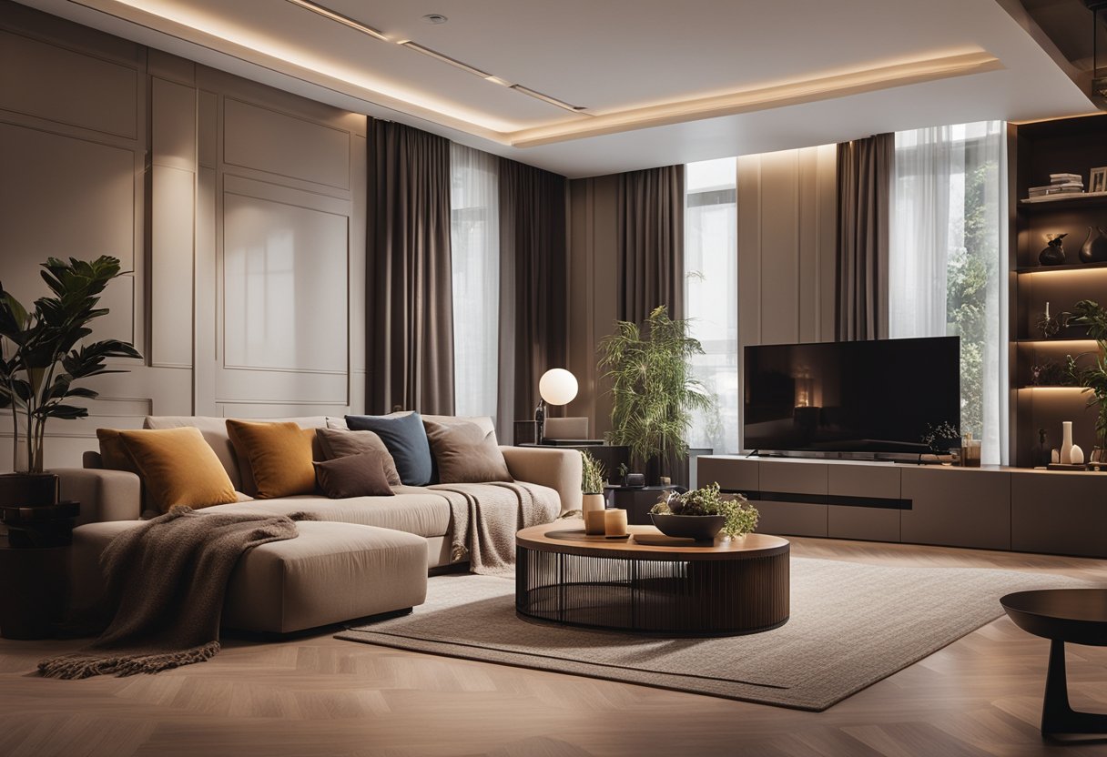 A cozy living room with modern furniture and warm lighting, featuring a minimalist color palette and stylish decor