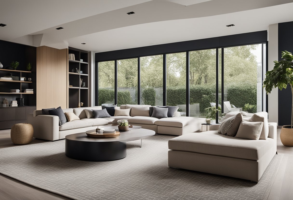 A modern living room with clean lines, neutral colors, and geometric patterns. A large window lets in natural light, highlighting the sleek furniture and minimalist decor