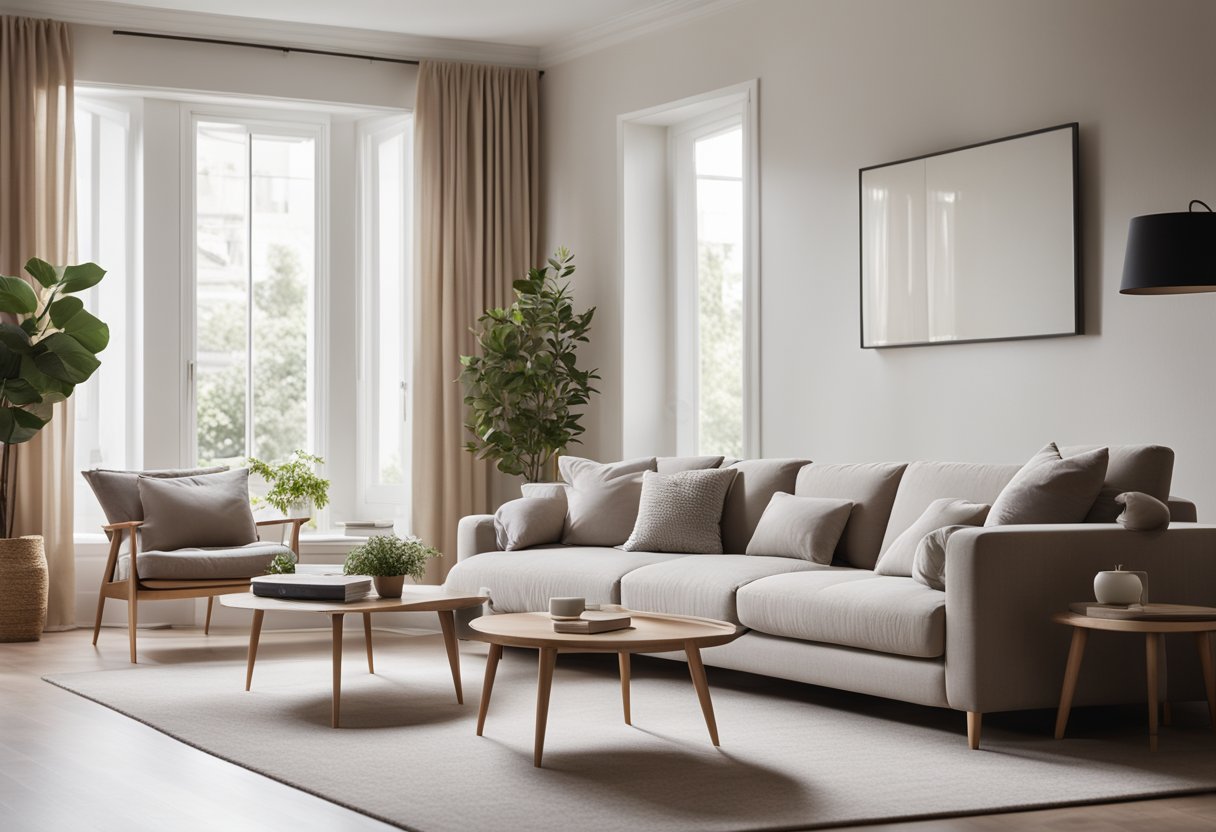 A cozy living room with minimalistic furniture, soft neutral colors, and natural lighting. Clean lines and uncluttered space create a serene atmosphere