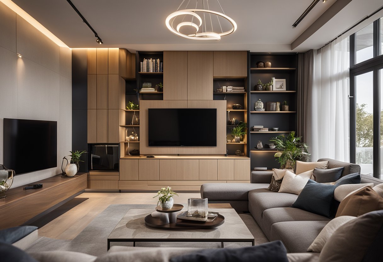 A modern living room with sleek furniture, a neutral color palette, and pops of vibrant accents. A statement light fixture hangs from the ceiling, casting a warm glow over the space
