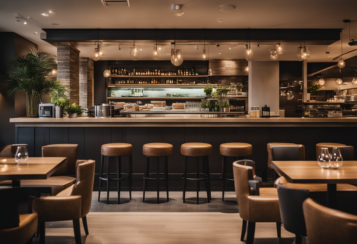 A modern restaurant with sleek furniture, warm lighting, and a mix of natural and industrial materials. The space features strategic design elements such as a central focal point, cozy seating areas, and a well-planned flow for both customers and staff