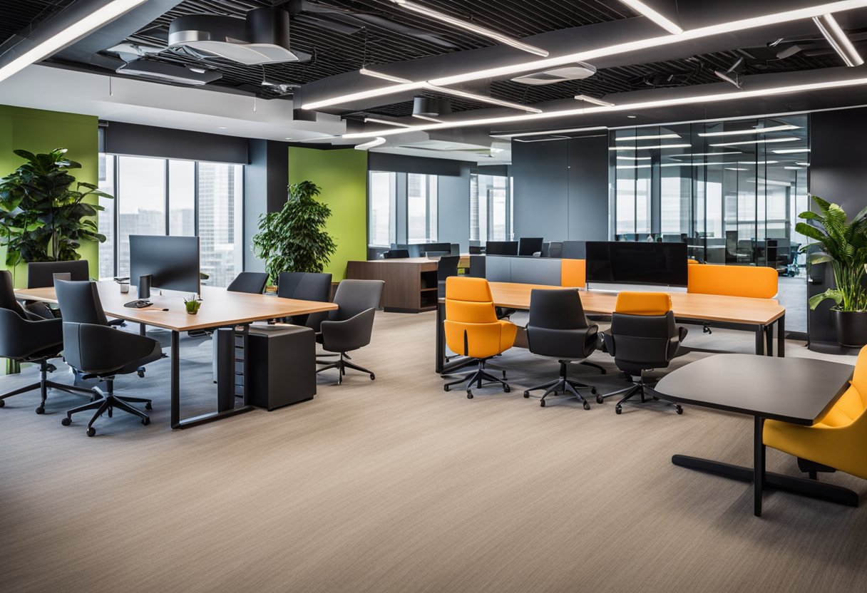 The corporate office features sleek technology and open collaboration spaces with modern furniture and vibrant color accents