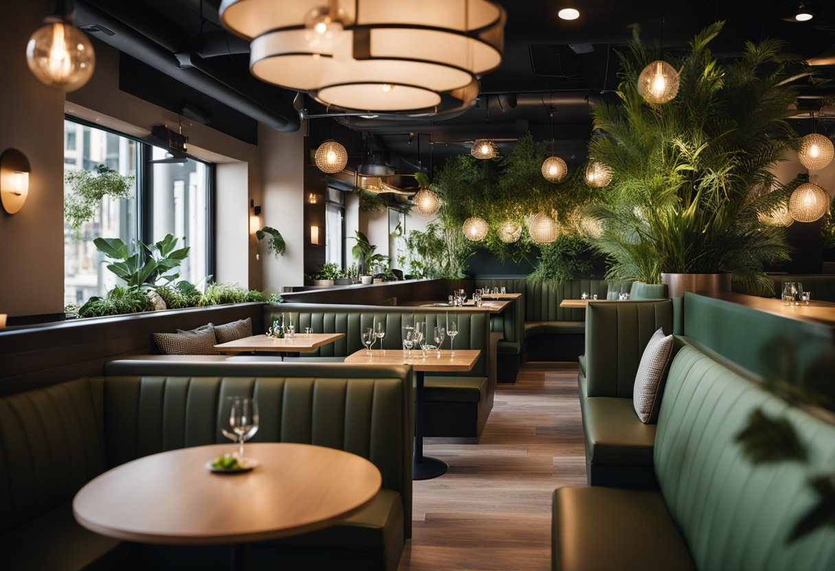 The restaurant interior features modern decor, with a mix of cozy booths and communal tables. The color scheme is warm and inviting, with soft lighting and greenery adding a touch of nature to the space