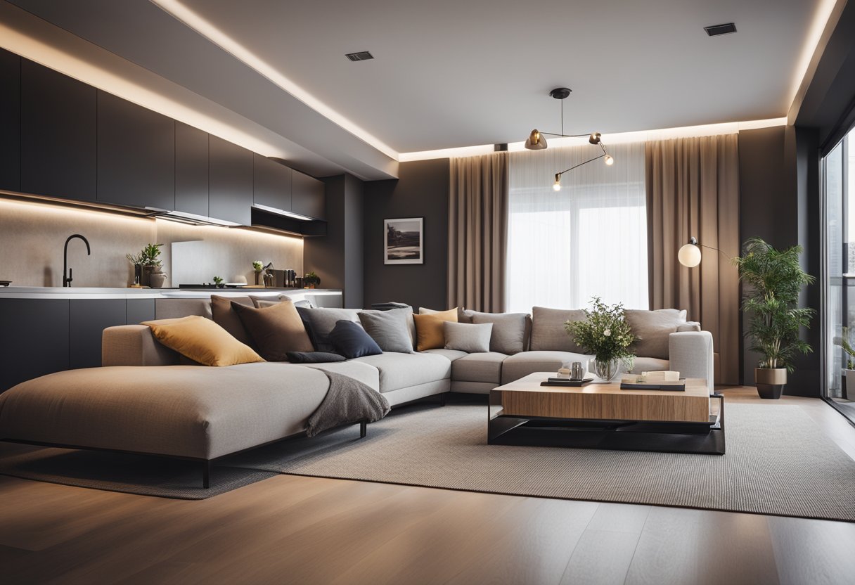 A cozy living room with modern furniture, warm lighting, and stylish decor. A sleek kitchen with state-of-the-art appliances and ample storage. A serene bedroom with a comfortable bed and minimalist design