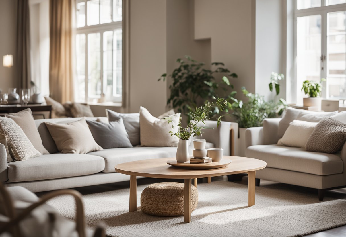 A cozy living room with a neutral color scheme, a comfortable sofa, a coffee table, and a soft rug. The space is well-lit with natural light coming in through the windows, creating a warm and inviting atmosphere