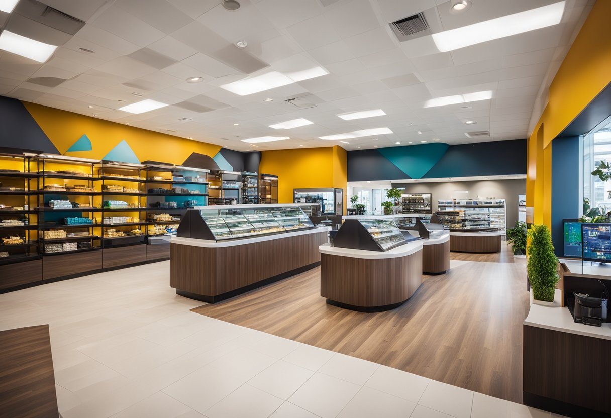 Bright, spacious retail space with modern furniture, clean lines, and vibrant color schemes. Large windows allow natural light to fill the room, creating an inviting atmosphere for customers