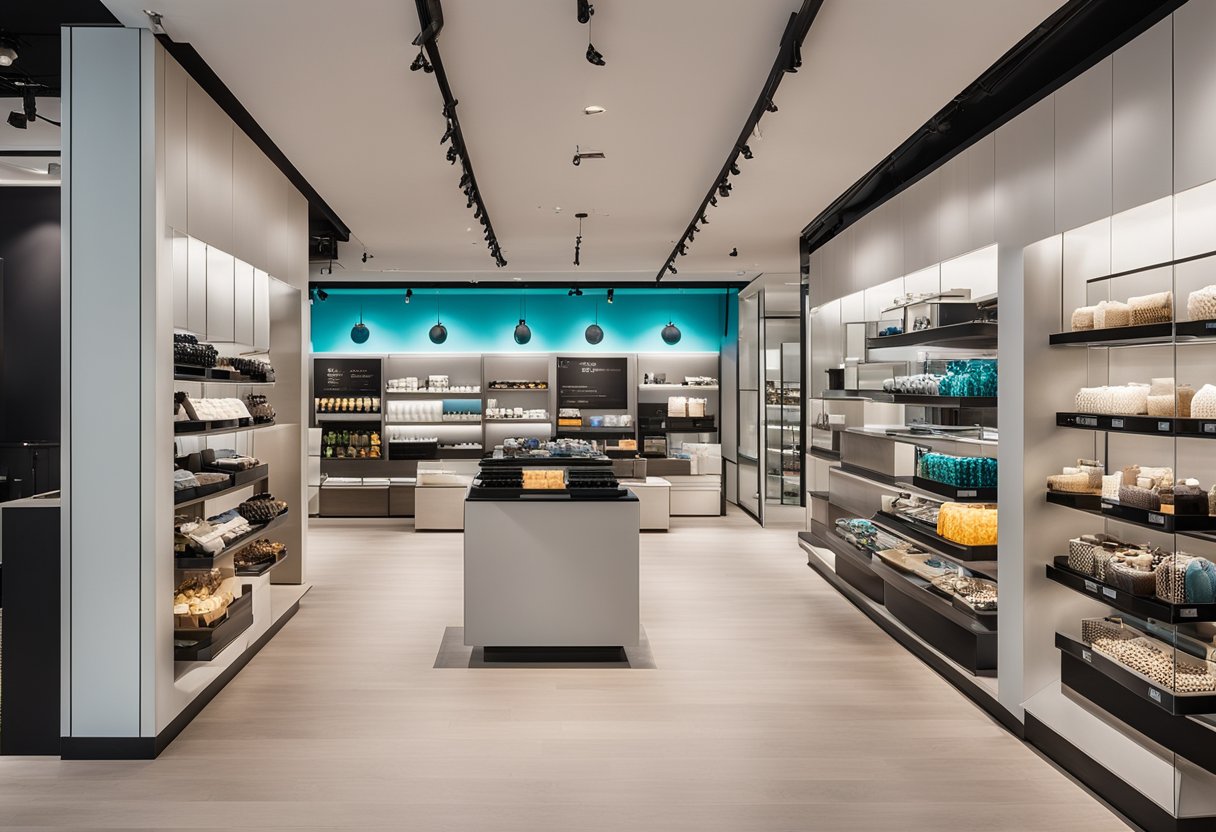 A modern retail space with clean lines, bright lighting, and sleek display units showcasing products. The color scheme is neutral with pops of vibrant accents