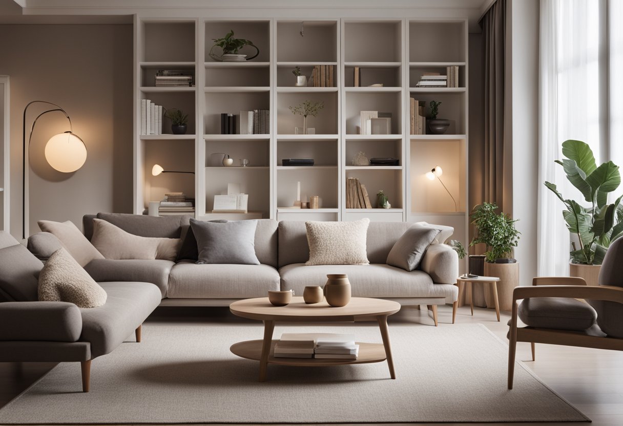 A cozy living room with a neutral color palette, minimalist furniture, and warm lighting. A bookshelf, a comfortable sofa, and a small coffee table complete the simple yet inviting interior design
