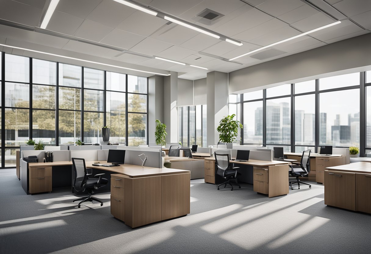 The corporate office features sleek, modern furniture, a spacious layout, and a neutral color scheme. Large windows allow natural light to fill the room, creating a bright and inviting atmosphere