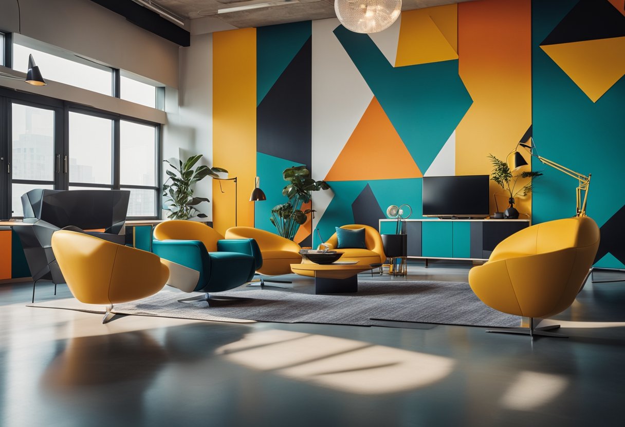 A constructivist interior with geometric shapes, bold colors, and industrial materials. Angular furniture and abstract art create a dynamic, avant-garde space