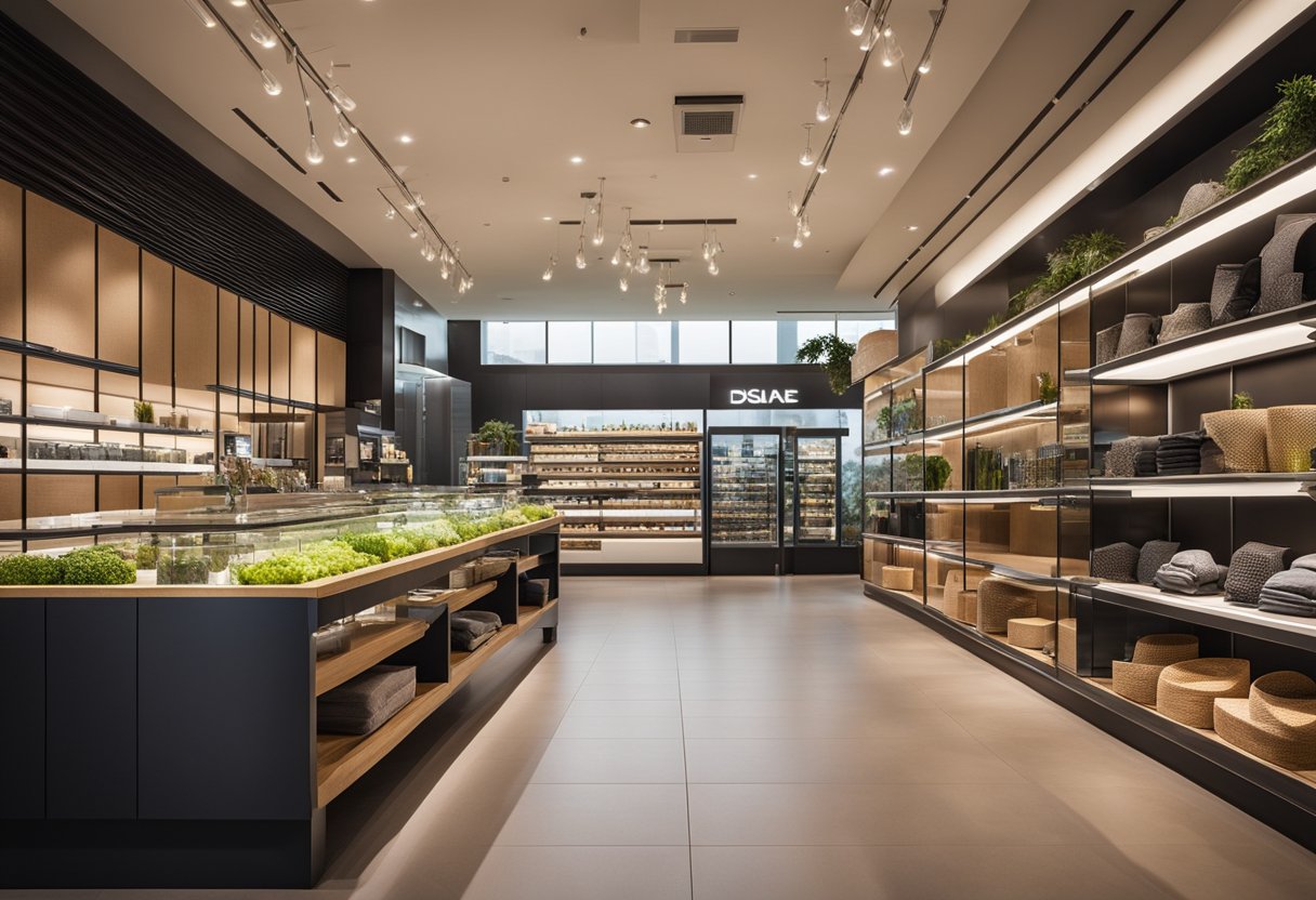 The retail interior design features sustainable materials and modern technology, with energy-efficient lighting and eco-friendly fixtures
