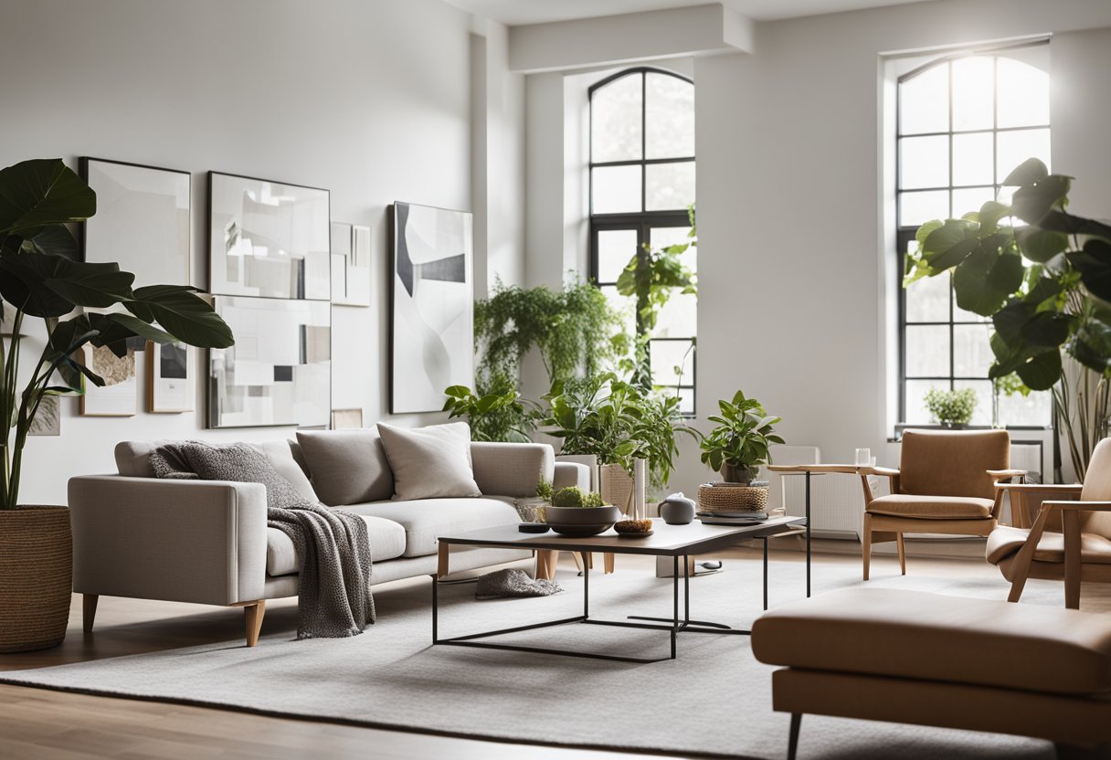 A modern living room with minimalist furniture, clean lines, and a mix of geometric patterns and natural textures. The space is filled with natural light and plants, creating a harmonious and inviting atmosphere