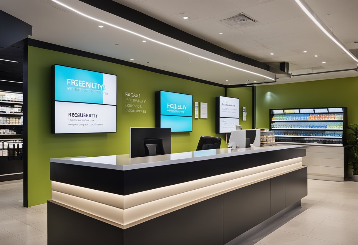 A modern retail space with clean lines, bright lighting, and organized displays. A customer service desk is visible with a sign reading "Frequently Asked Questions."