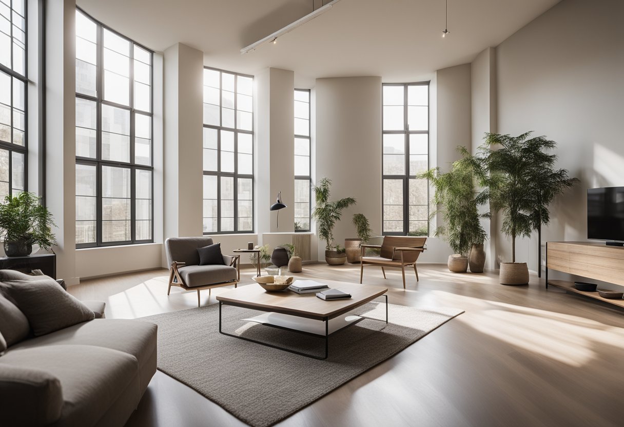 A spacious room with clean lines, neutral colors, and minimal furniture. Natural light streams in through large windows, creating a sense of openness and tranquility