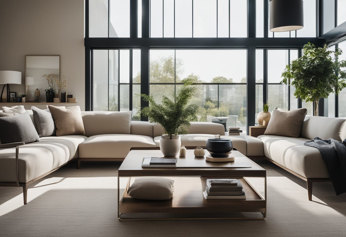 A modern living room with sleek furniture, neutral color palette, and plenty of natural light streaming in through large windows
