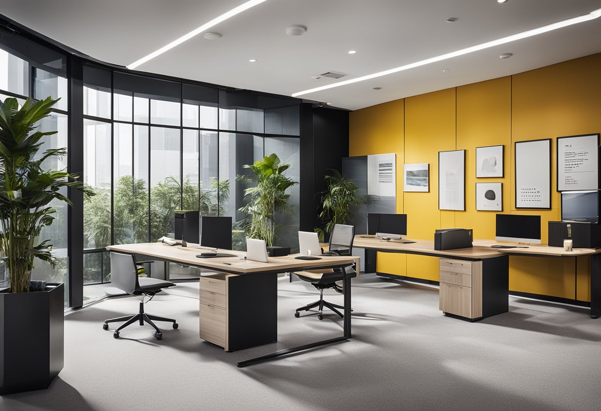 A stylish office with modern furniture and vibrant decor, featuring a sleek reception area and open workspaces with collaborative design elements