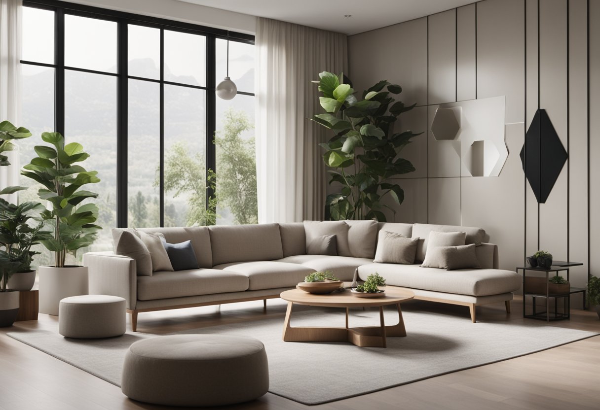 A modern, minimalist living room with sleek furniture, neutral colors, and geometric accents. Large windows let in natural light, and potted plants add a touch of greenery