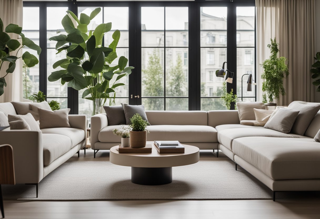 A modern living room with clean lines, minimalist furniture, and a neutral color palette. Large windows let in natural light, and potted plants add a touch of greenery