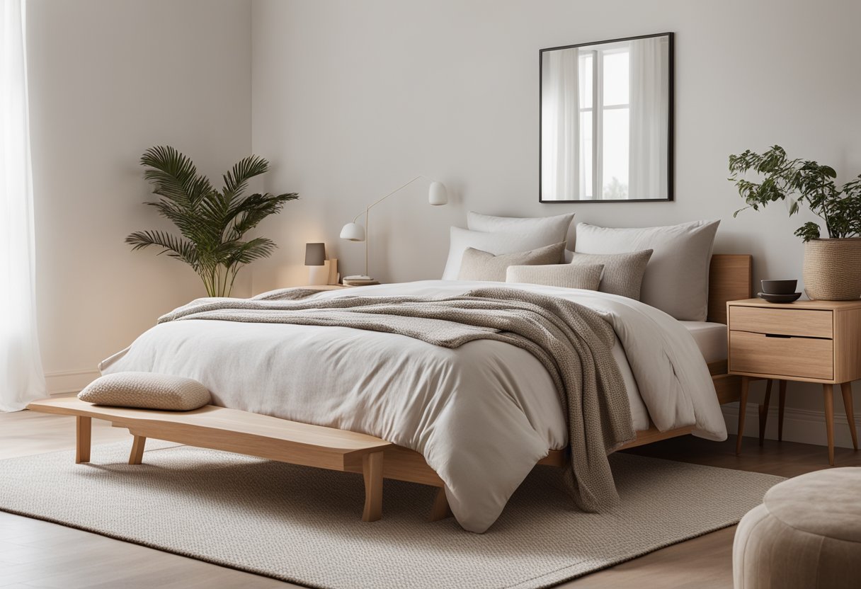 A cozy, minimalist bedroom with light wood furniture, clean lines, and neutral colors. A large window lets in natural light, and a cozy throw blanket is draped over the bed