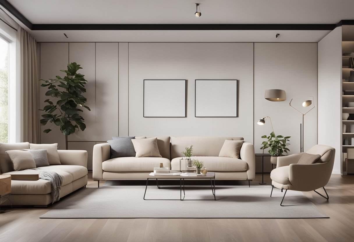A spacious living room with clean lines, neutral colors, and uncluttered surfaces. Simple furniture and geometric shapes create a sense of calm and simplicity
