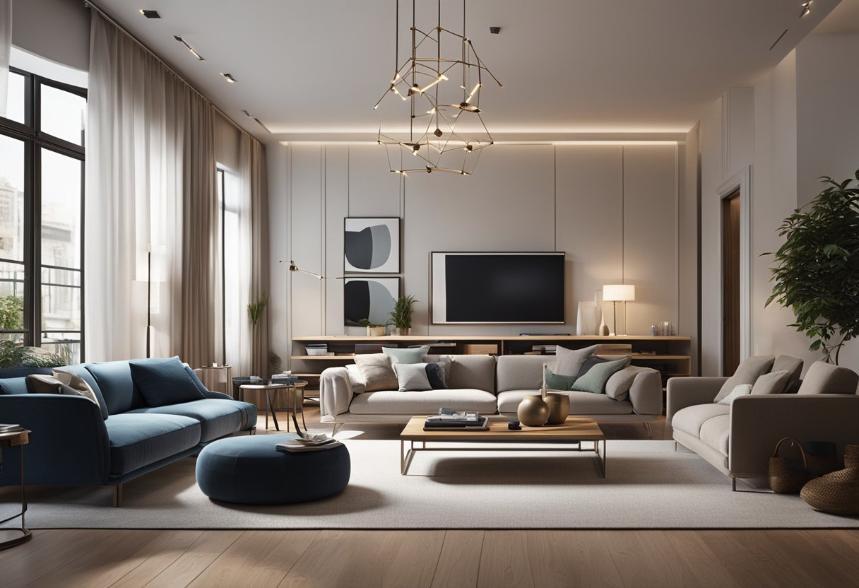 A designer uses CAD software to create a 3D model of a modern living room with furniture, lighting, and decor
