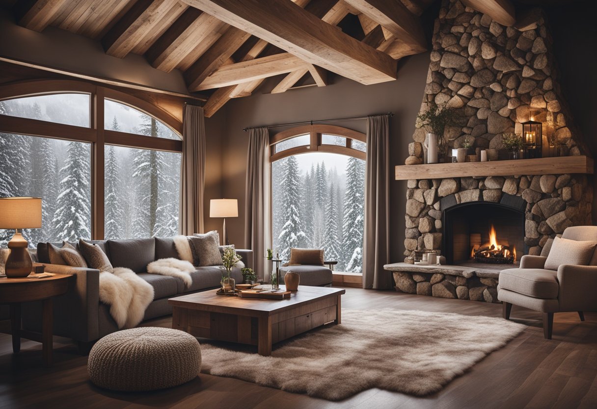 A cozy living room with a fireplace, wooden beams on the ceiling, and a large window overlooking a snowy forest