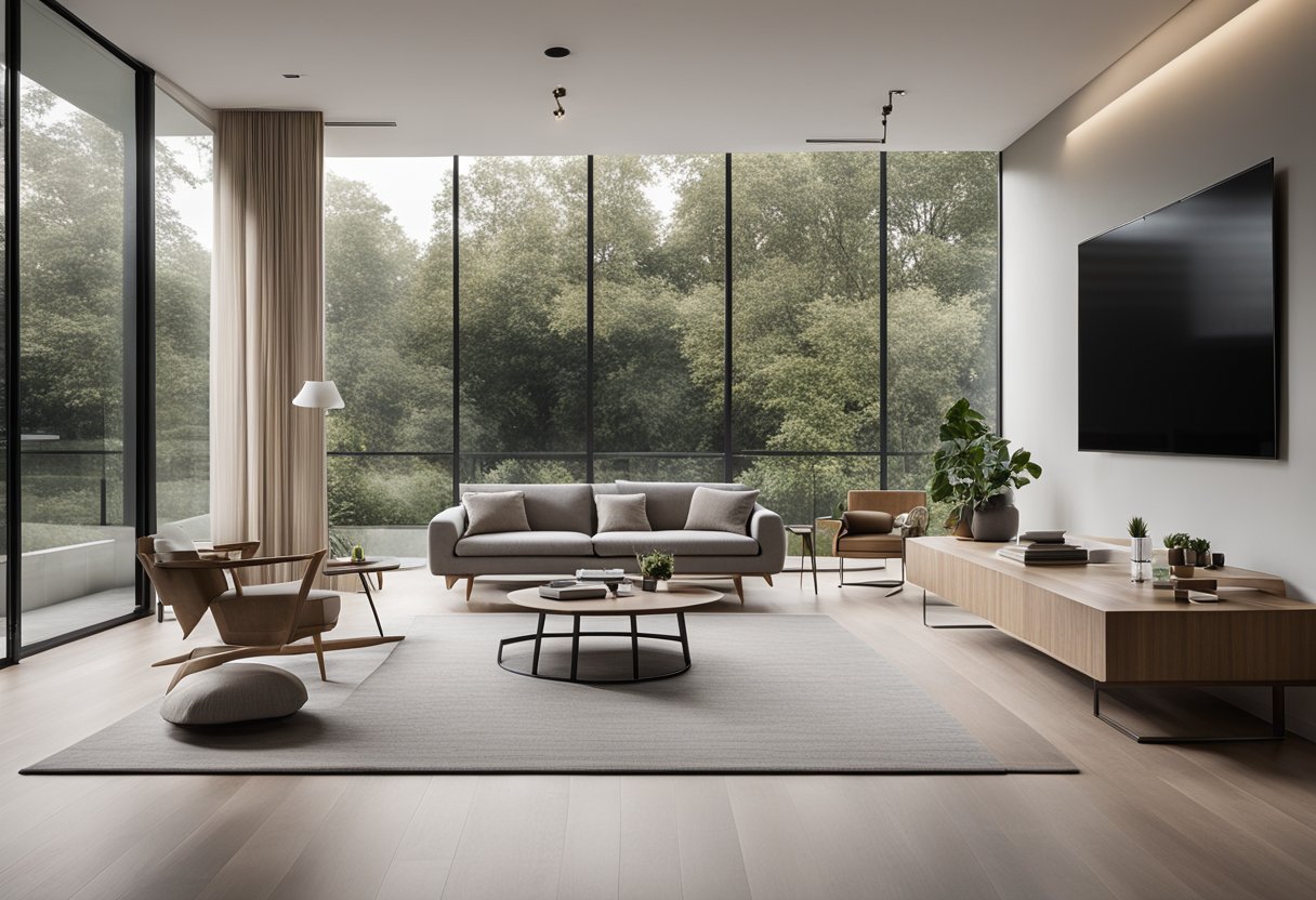 A sleek, modern living room with clean lines, neutral colors, and minimalist furniture. A large window lets in natural light, illuminating the space