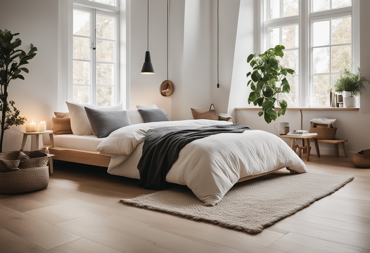 A cozy Nordic bedroom with minimal furniture, natural materials, and soft, neutral colors. A large window lets in natural light, and a plush rug adds warmth to the wooden floors