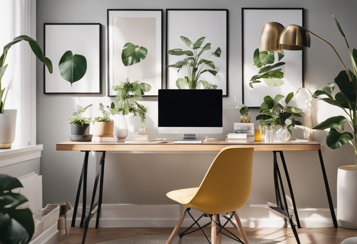 A bright, airy room with modern furniture, vibrant artwork, and potted plants. A mood board and design sketches on a sleek desk