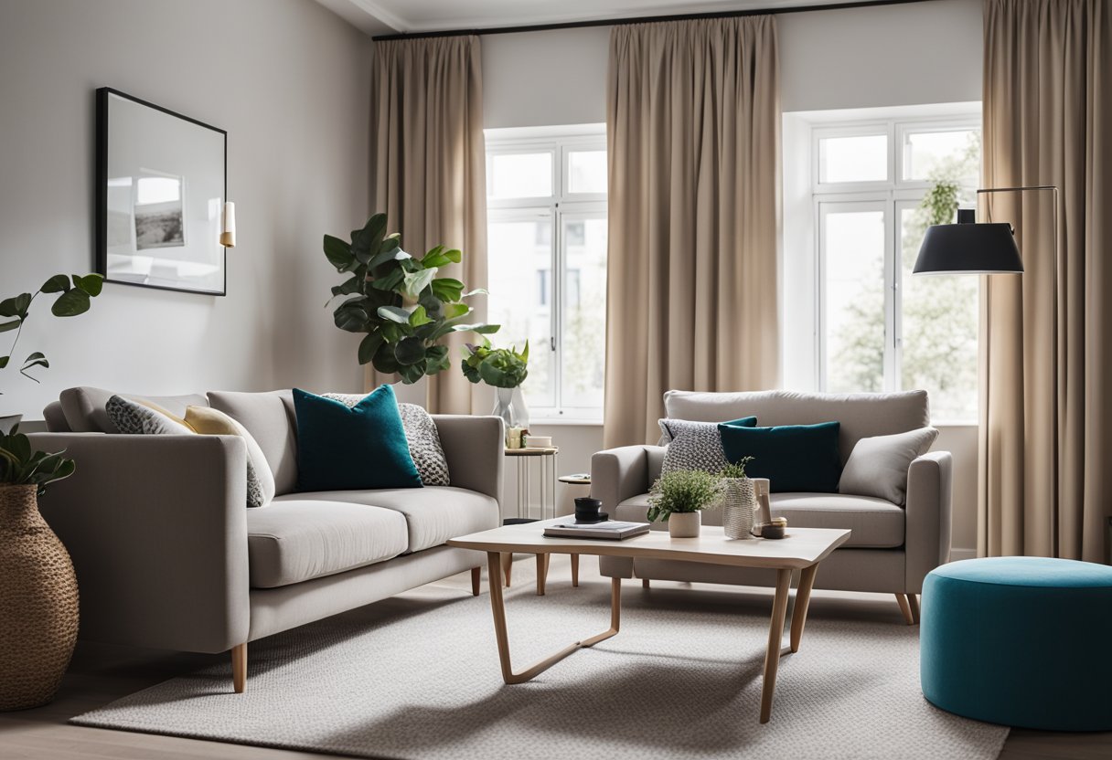 A modern living room with neutral tones, clean lines, and pops of color. A cozy reading nook with a plush armchair and a sleek, minimalist workspace area